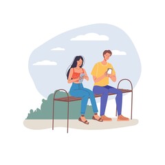 Cartoon flat characters surfing internet outdoor - web chat,social networking service,online education,messenger communication,freelance remote work concept