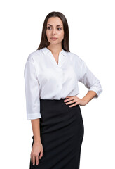 Young businesswoman in white shirt and skirt, long hair. Standing isolated over white background, looking away hand on the waist