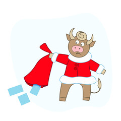 Sad bull in Santa costume, lost gifts, upset, square, shopping and sales, delivery