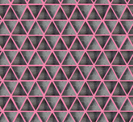 Abstract seamless pattern with ultimate grey and shining grey watercolor triangles on pink background. Best for the print, fabric, poster, wallpaper, cover and packaging, wrapping paper.
