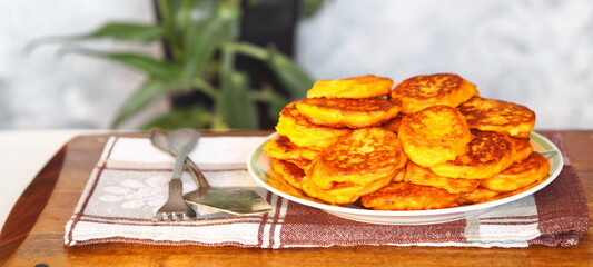 Fried pumpkin pancakes on gray background with homemade medicinal plant Kalanchoe. Diet food idea.