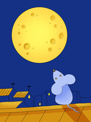 Little mouse on the roof looks at the big moon and sees cheese