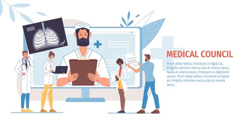 Cartoon flat doctor characters and nurses in uniform,laboratory coats with medical devices-medic team,science council,conference and education concept