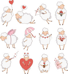 set of vector stickers for valentine's day february 14 with cute love sheep