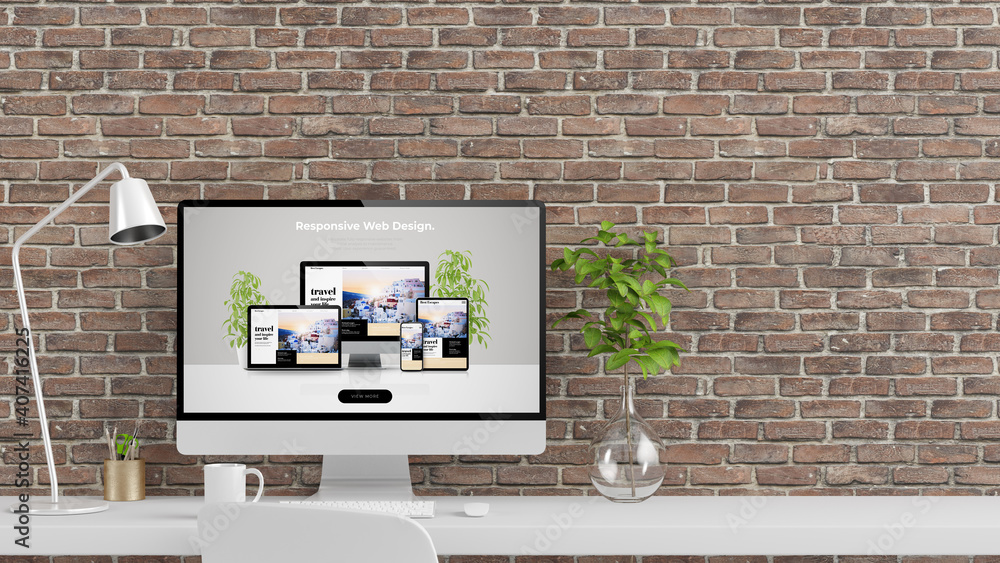 Poster desktop workspace with web design computer