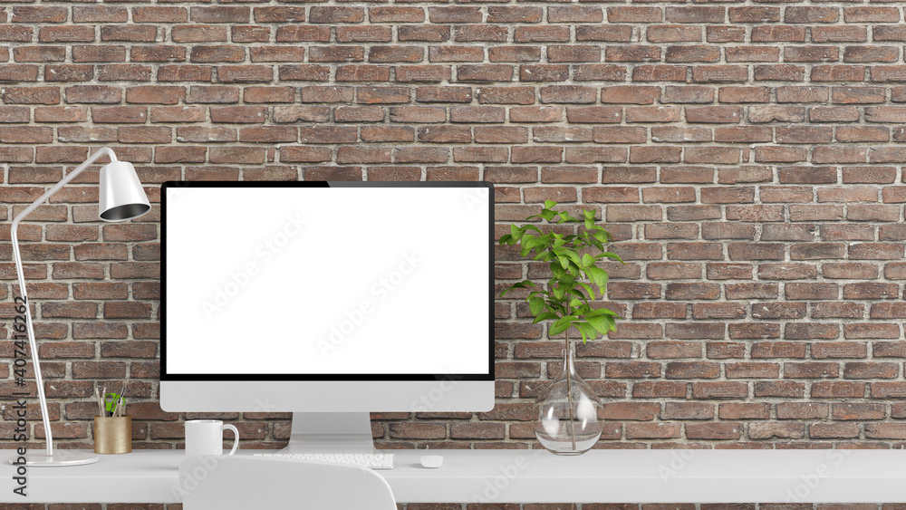 Poster desktop workspace with blank computer