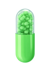 Green capsule pill with spheres inside isolated on white