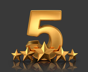 Gold five star quality rating with reflection isolated on black. Clipping path included