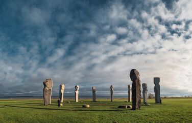 Standing stones circle Dodekatitten on island Lolland in rural Denmark
