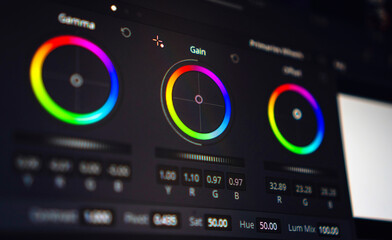 Video editing, color correction software, close up of the screen. video editing concept.