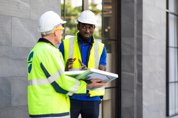 Two engineers African american engineer and caucasian electrician wearing white hard hat walk in new building holding solar panel on hand and Discuss Work