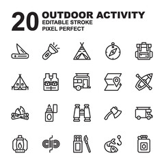 Icon Set of Outdoor Activity. Outline style icon vector. Contains such of fishing, tent, camping, matchbox, caravan, wigwam, binoculars, axe, compass, and more. Editable Stroke and Pixel Perfect.