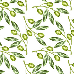  Pattern with olives in the style of low poly, green, a branch of olives with fruits.