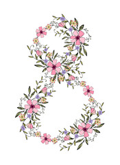  Number 8 on women day in March by an author brush from doodling flowers, hand drawing.
