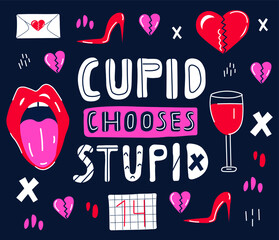 Anti Valentine's Day funny poster. Lips, glass of wine, broken heart, letter and calendar with date 14 february. Vector flat hand drawn illustration.