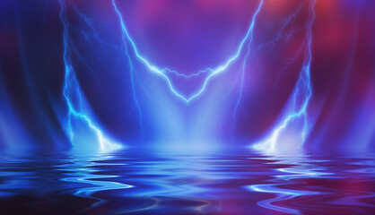 Dramatic empty nature background. Dark night view of the city during a thunderstorm. Flashing lightning. Reflection of light on water. 3d illustration