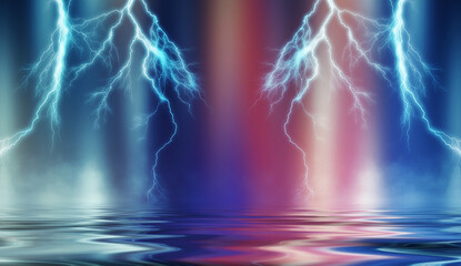 Dramatic empty nature background. Dark night view of the city during a thunderstorm. Flashing...