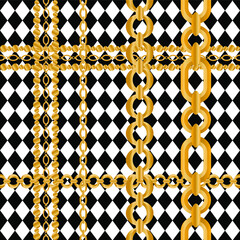 Fototapeta premium Seamless pattern decorated with precious stones, gold chains and pearls. 