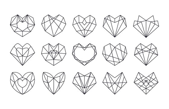 Collection of geometric heart shape. Vector illustration set of poligonal heart logo design. Love symbol. Simple linear icon. Valentine's day or wedding invitation element isolated on white background
