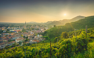 Naklejka premium Col San Martino, vineyards and village. Prosecco Hills, Unesco Site, Veneto, Italy