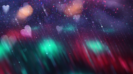 Blurred dark abstract background. Bokeh and neon hearts are reflected on the surface. Blank template for valentine. 3d illustration