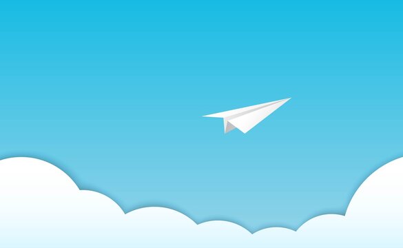 White paper airplane above clouds on blue sky. Paper layers cutout. Template design for travel concept, adventure, business idea, leadership, success, teamwork.