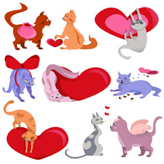 Cartoon Background for banner, greeting card for Valentine's Day. Bright background with cats and hearts on a white background. Vector illustration