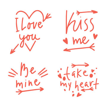 Doodle phrases for valentine's day. Simple Lettering and Calligraphy. Kiss me, take my heart, be mine, I love you