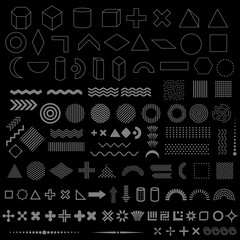 Geometric shapes set of 110 elements, trendy memphis design, retro linear elements,templates on black