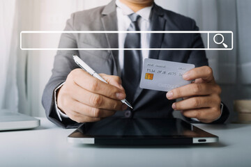 Searching Browsing Internet Data Information with blank search bar.businessman working with smart phone, tablet and laptop computer on desk in office. Networking Concept	