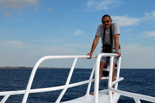 Tourist from Kiev on divers boat. Red Sea, Sharm El Sheikh, Egypt