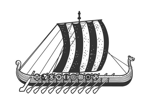 Viking ship sketch engraving vector illustration. T-shirt apparel print design. Scratch board imitation. Black and white hand drawn image.