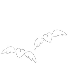Hearts with wings line drawing vector illustration