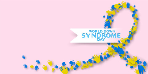 World down syndrome day symbol with ribbon shape made of palm hand sign