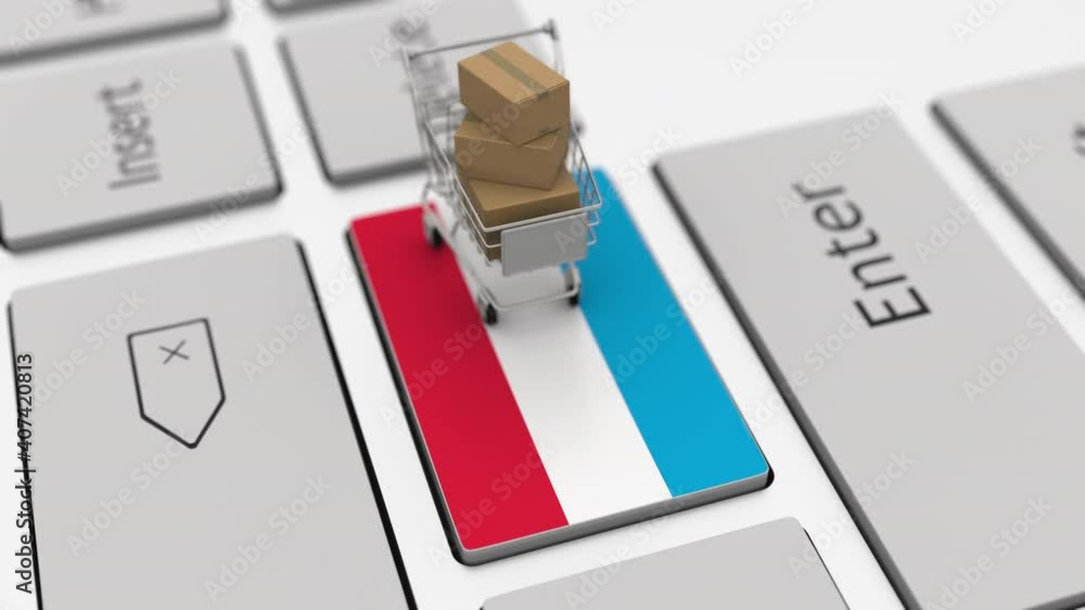 Poster computer keyboard key with flag of luxembourg and shopping cart with cartons, looping online shoppin