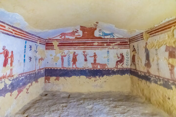The chamber of the tomb of giocolieri in the Etruscan necropolis of Monterozzi in Tarquinia Italy....