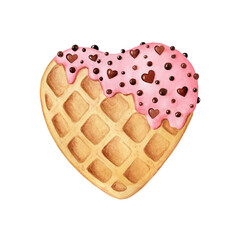 Watercolor hand painted waffle. Pink cream, chocolate heart. Isolated. Love illustration for Valentines day, romantic wedding, birthday decor, pattern