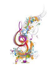 Abstract musical design with a treble clef and colorful splashes, notes and waves. Colorful treble clef. Hand drawn vector illustration. - 407421248