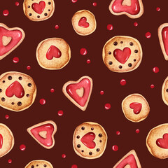 Seamless watercolor pattern of sweet desert. Cookies, hearts, chocolate. Love illustration for Valentines, wedding, scrapbooking, card, invitation