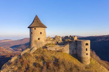 Fototapeta premium Šiatorská Bukovinka, Slovakia - Amazing aerial view of the famous Castle of Somosko. Slovakian name is Šomoška hrad, Hungarian name is Somoskői vár.