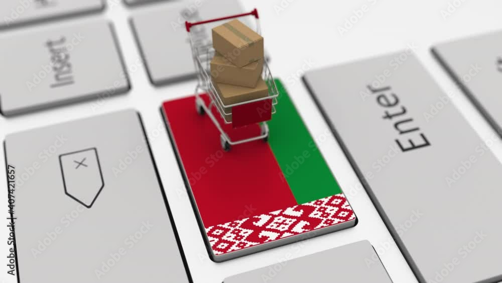 Poster keyboard key with flag of belarus and shopping cart with boxes. online shopping related looping 3d a