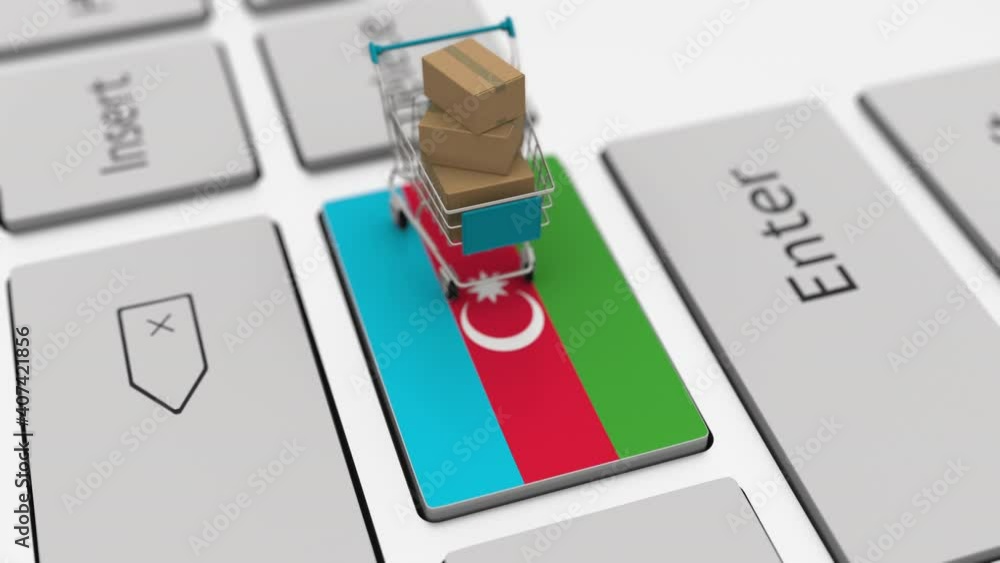 Poster key with flag of azerbaijan and shopping cart with boxes, looping internet business related 3d anima