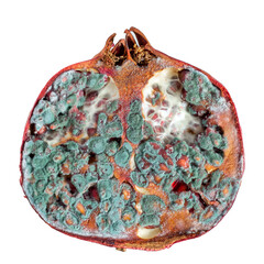 The texture of mold on a spoiled pomegranate. Half a pomegranate with mold on a white background. Mold and mildew spores on fruits. Isolated. Square framing