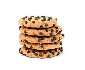 stack of round baked cookies with chocolate pieces isolated on white background