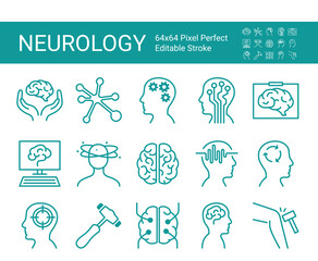 Set of icons of neurology. Vector icon as brain, neurologist, nervous system, nerves, equipment. Editable vector stroke. 64x64 Pixel Perfect.