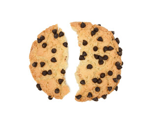 broken in half round biscuit biscuit with chocolate pieces isolated on white background