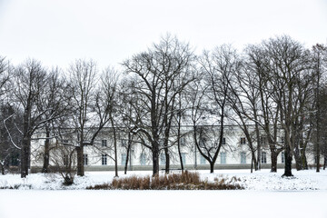  park Łazienki Królewskie in Warsaw Poland on a snowy winter day