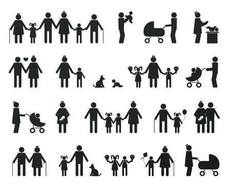 Collection of family signs or logos isolated on white background. Includes Icons Such As Motherhood, Fatherhood, Grandparents, Relatives, Children, Newborn. Vector illustration
