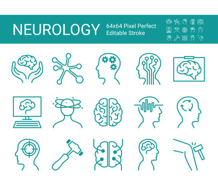 Set Of Icons Of Neurology. Vector Icon As Brain, Neurologist, Nervous System, Nerves, Equipment. Editable Vector Stroke. 64x64 Pixel Perfect.