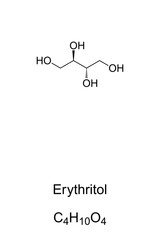 Erythritol, chemical formula and skeletal structure. Sugar alcohol, sugar substitute and food additive. Almost noncaloric, does not affect blood sugar or cause tooth decay. Illustration. Vector.